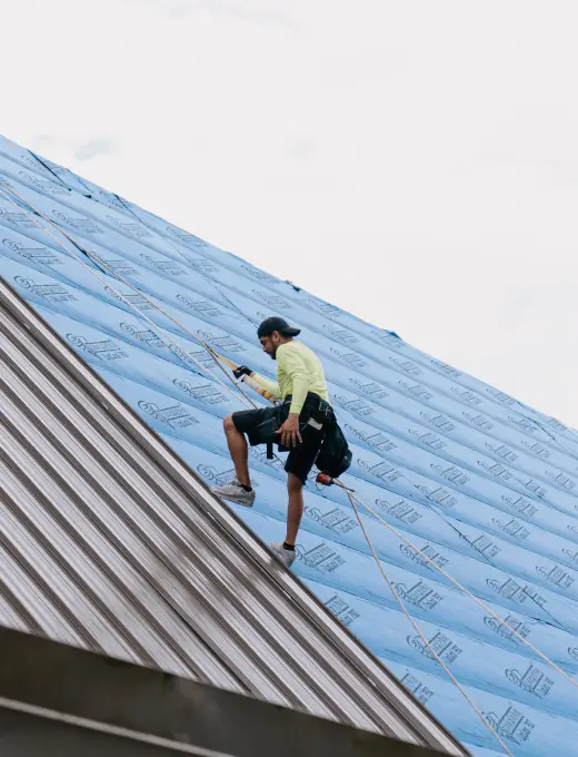 A construction worker wearing a safety harness climbs a steep, blue-covered roof